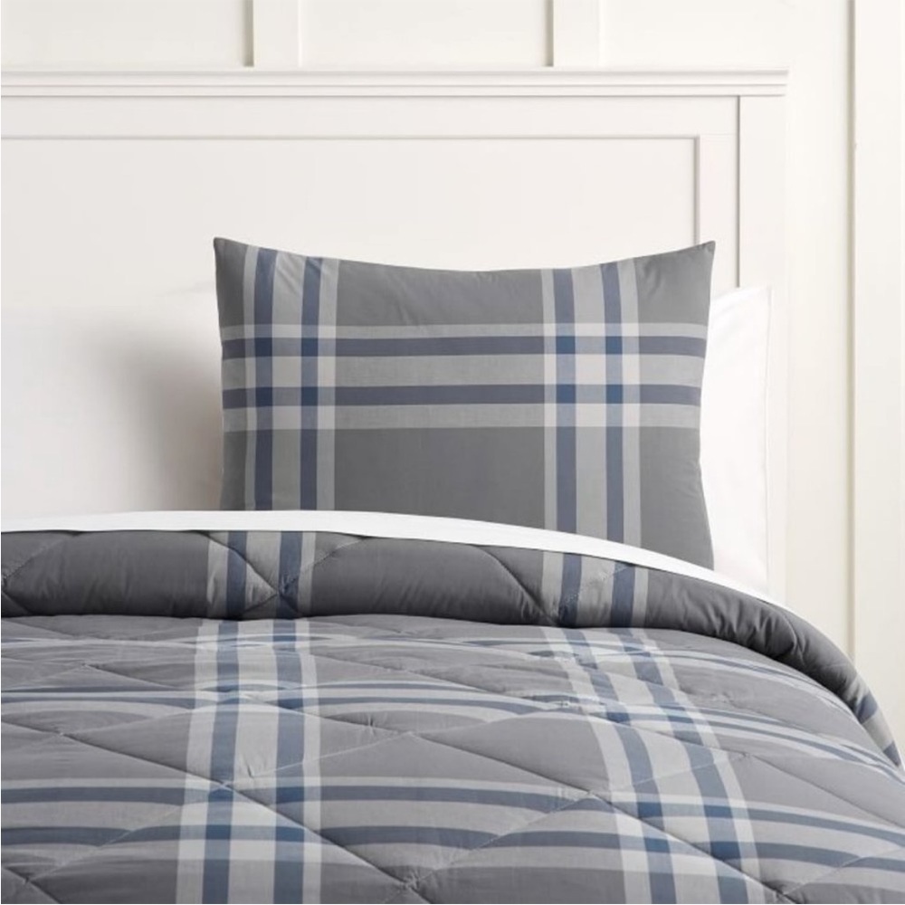 NWT PotteryBarn Teen Xander Plaid Sham standard size quilted charcoal gray navy
